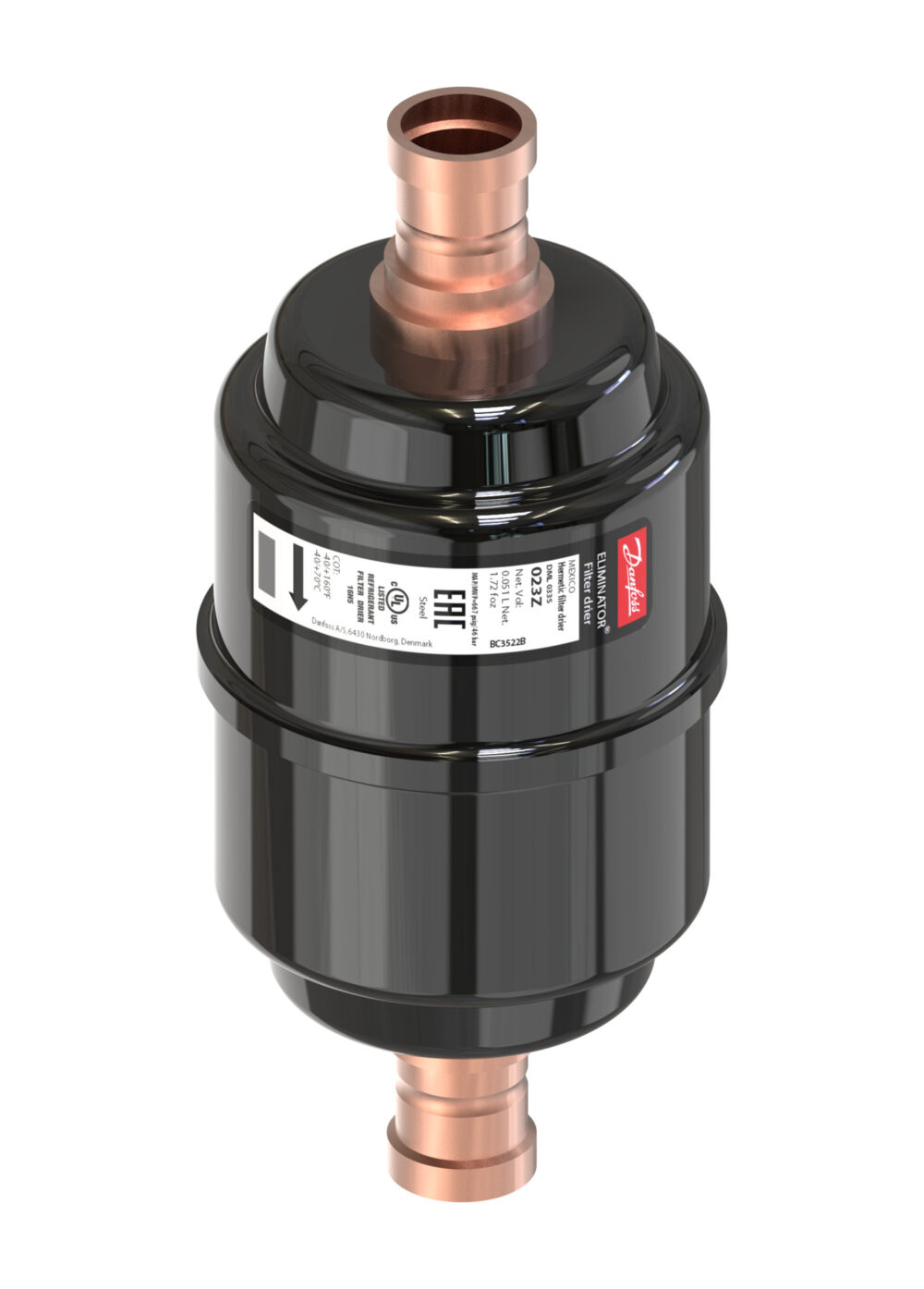 Hermetic filter drier, DML, 03 cu.in., Steel Cu-plated