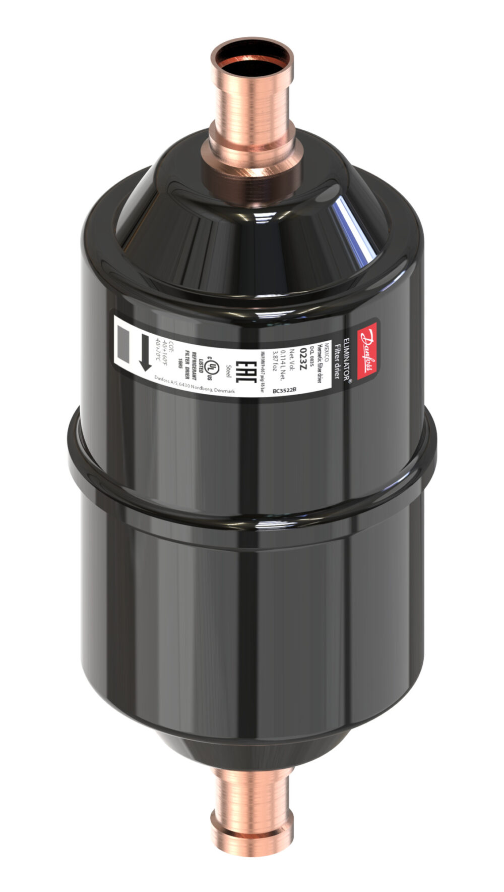 Hermetic filter drier, DML, 08 cu.in., Steel Cu-plated